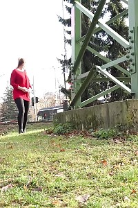 Delightful Light-haired In Glasses Relieves Herself In Outdoor