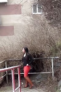 Brunette Gal Pisses On A Public Path