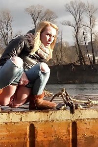 Tempting Blonde Squatting To Pee By The Watershed