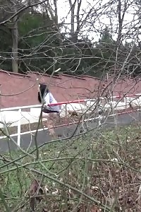 Magnificent Black Haired Chick Sprays Piss On The Ground