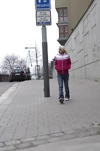 Blonde In Jeans Denim Pisses Outdoor In The Wind
