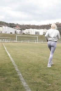 Blonde Katy Sky Pisses Next To A Soccer Field