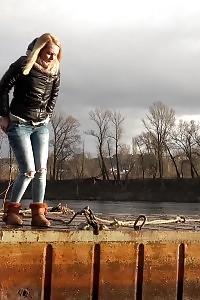 Tempting Blonde Squatting To Pee By The Watershed