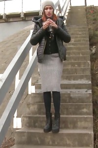 European Ginger Pisses Outside In Nylons