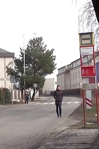 Outstanding Brunette Doll Pisses Behind A Schoolbus Stop