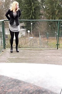 Blonde In Lingerie Pisses On Wooden Decking