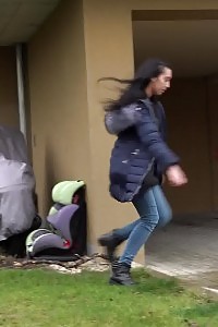 Black Haired European Squats To Piss In Public