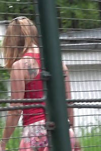 Great Babe In Pink Boots Sprays Her Piss Outside