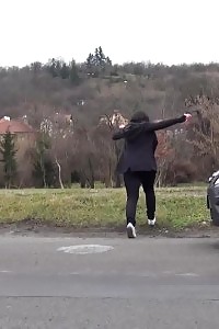 Strong Brunette Pisses In The Mid Of The City