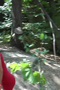 Awesome Light-haired In Red Dress Pissing In Park