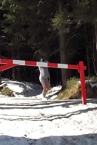 Magnificent Black-haired Lifts Up Her Miniskirt To Piss In The Snow