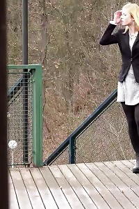 Blonde In Lingerie Pisses On Wooden Decking