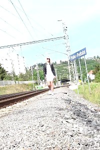 Blonde Hottie Debora Taking A Leek Next To Railway Line