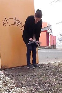 Black-haired Really Needs To Pee While Outside