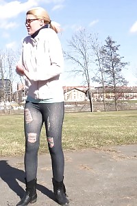 Blonde In Glasses Squats Outdoor To Piss
