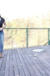 Dazzling Dark Haired Doll Pisses Over The Decking